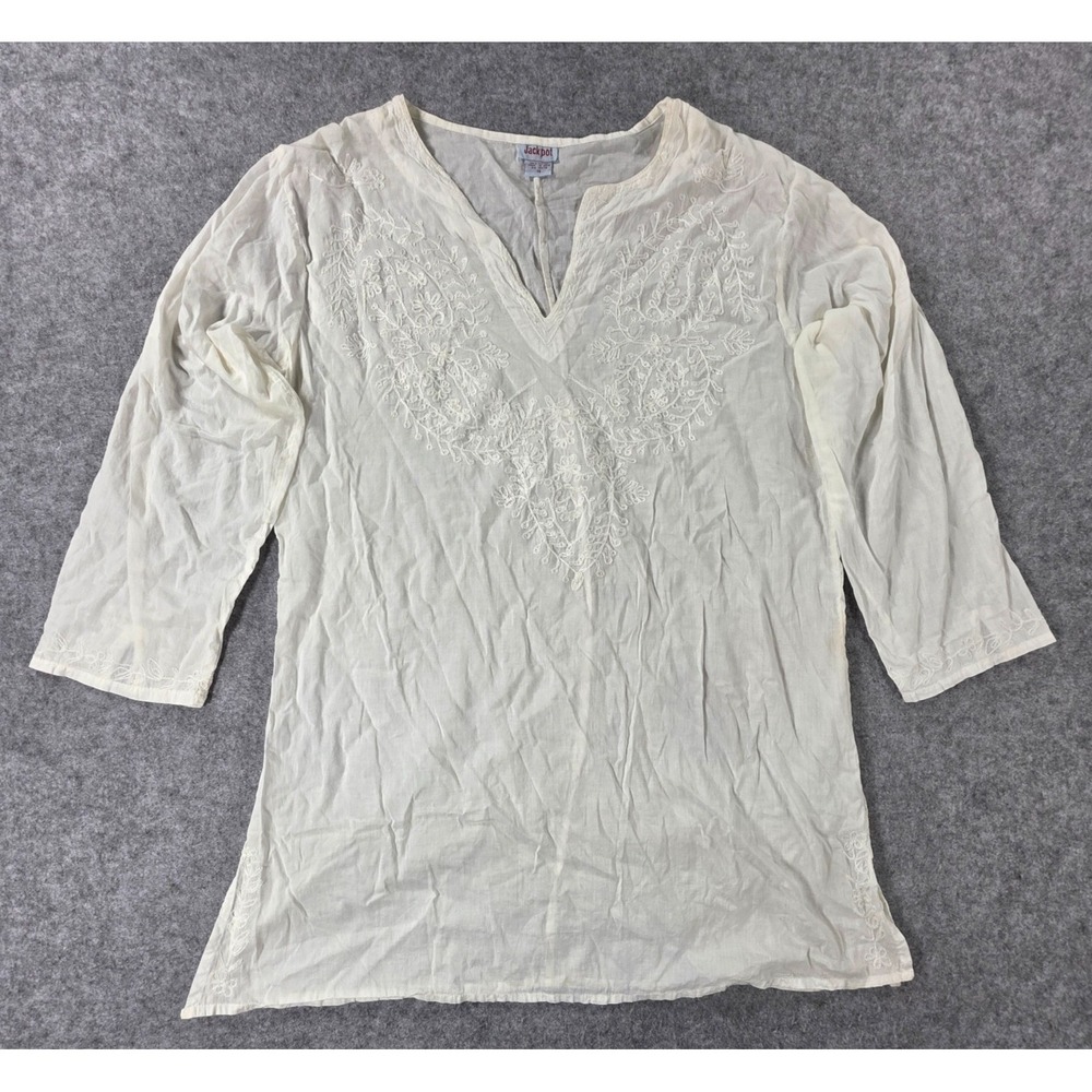 Womens‎ Jackpot Y2K Tunic Top Sz 1X Cotton Embroidered Boho Knit Fairy Festival
